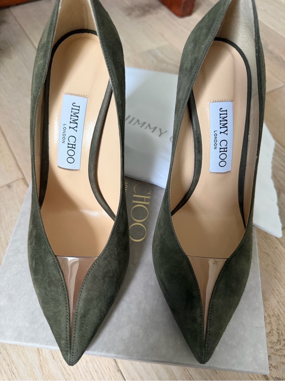 Jimmy Choo Baker 100 Vine Suede Pump w/ Clear Plexi Insert Sz 38 NIB - Picture 4 of 8